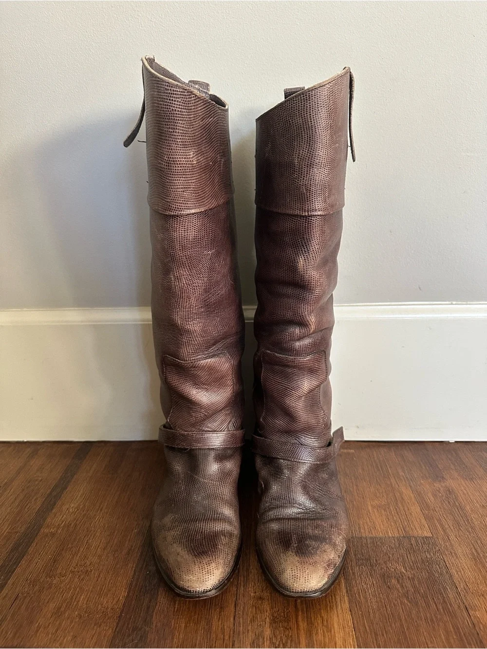 Golden Goose Charlye distressed leather, tall riding boots w buckle harness S 38